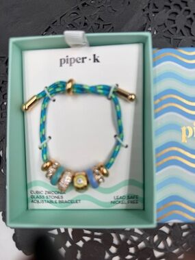 Piper K Evil Eye Charm Bracelet Adjustable Beaded Gold Blue Gift